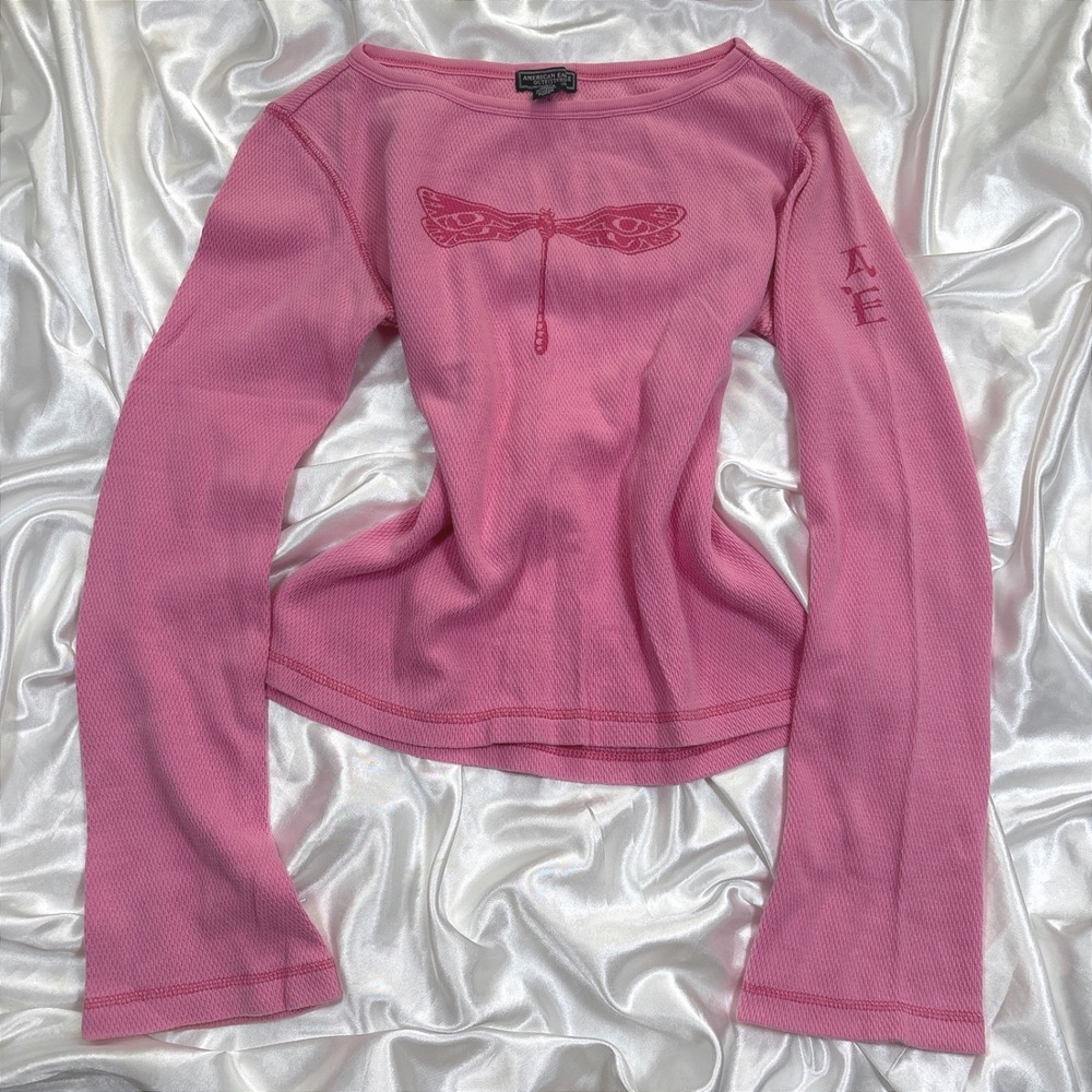 Vintage American Eagle Thermal Pink Excellent Dragonfly Graphic Y2K Waffle Knit